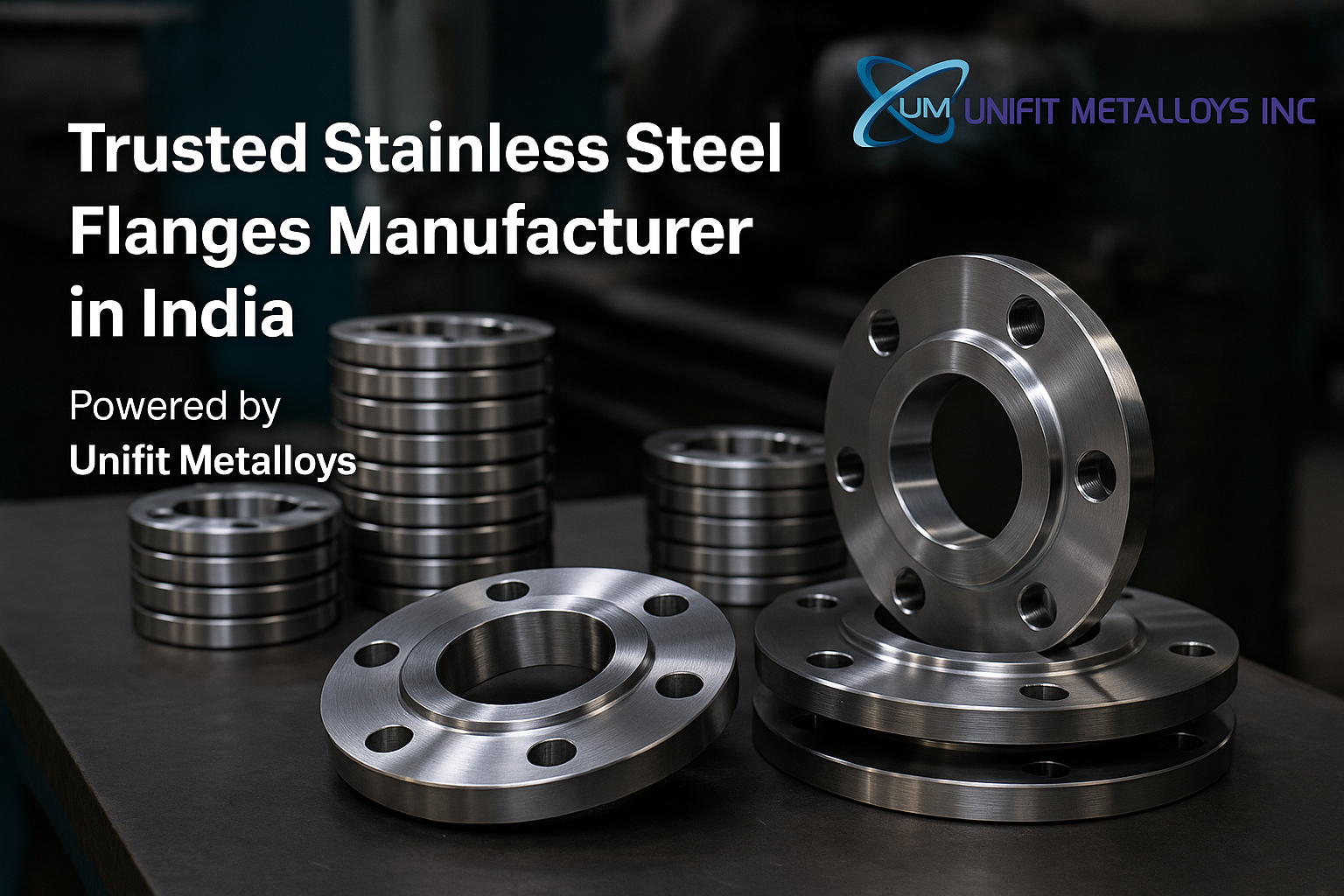 Trusted Stainless Steel Flanges Manufacturer in India - Unifit Metalloys Logo and Polished Industrial Flanges Displayed